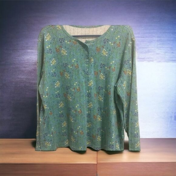 Retro Floral Long Sleeve Henley Boho Cottagecore Top XL Ribbed Cropped Feminine - Picture 1 of 9